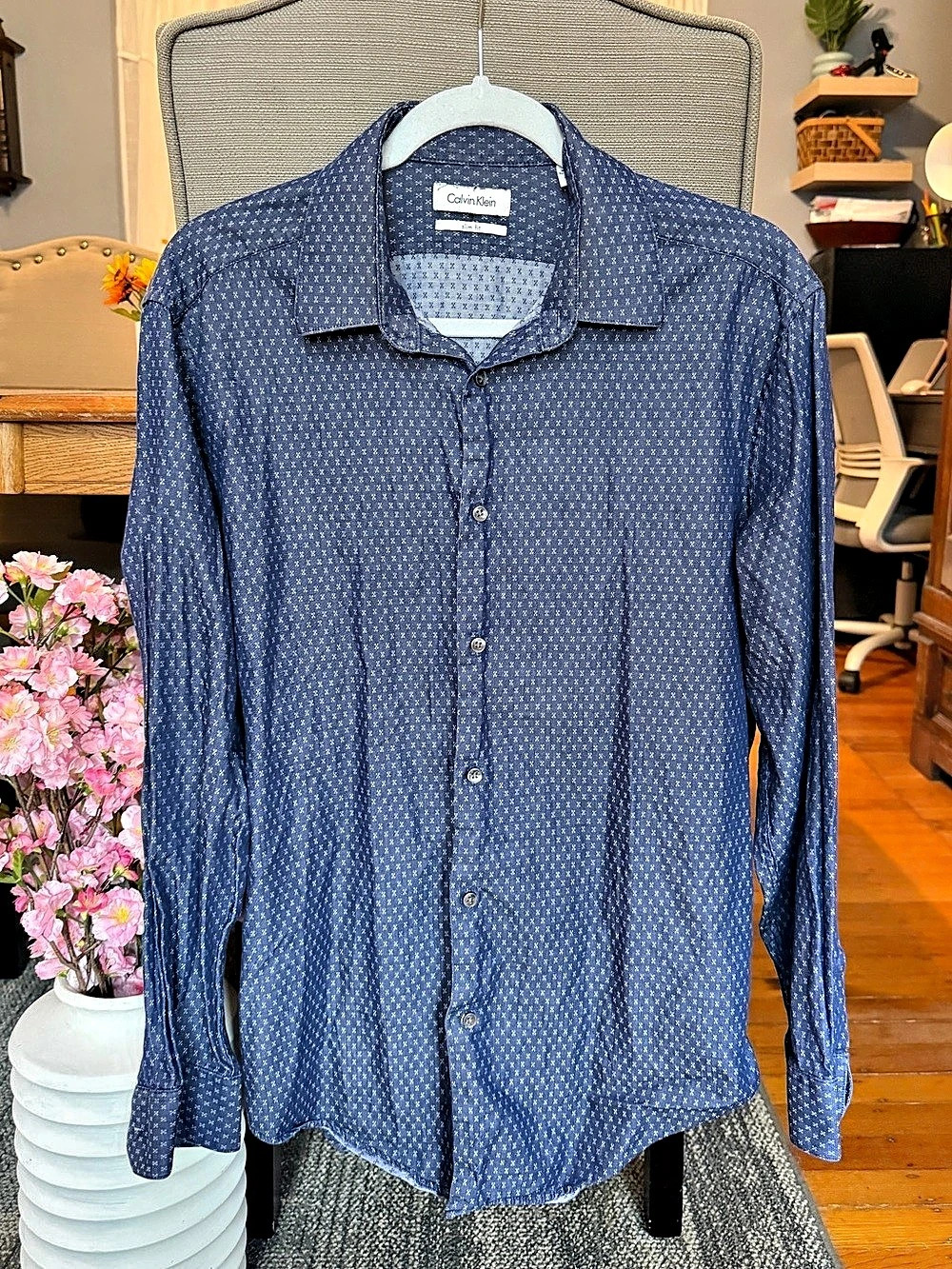 Calvin Klein Slim Fit Micro Pattern Long Sleeve Button Down Shirt Men's Blue